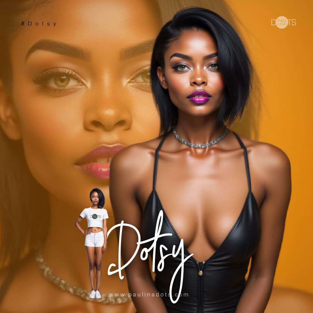 Dotsy – Foto oficial de la musa soñadora y juguetona con rasgos suaves en tonos pastel y encanto expresivo; energía artística y caprichosa