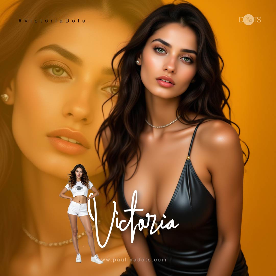 Victoria Dots – Foto oficial de la musa enigmática y magnética con ojos verde esmeralda y cabello ondulado tono alerce; elegancia intuitiva y presencia refinada