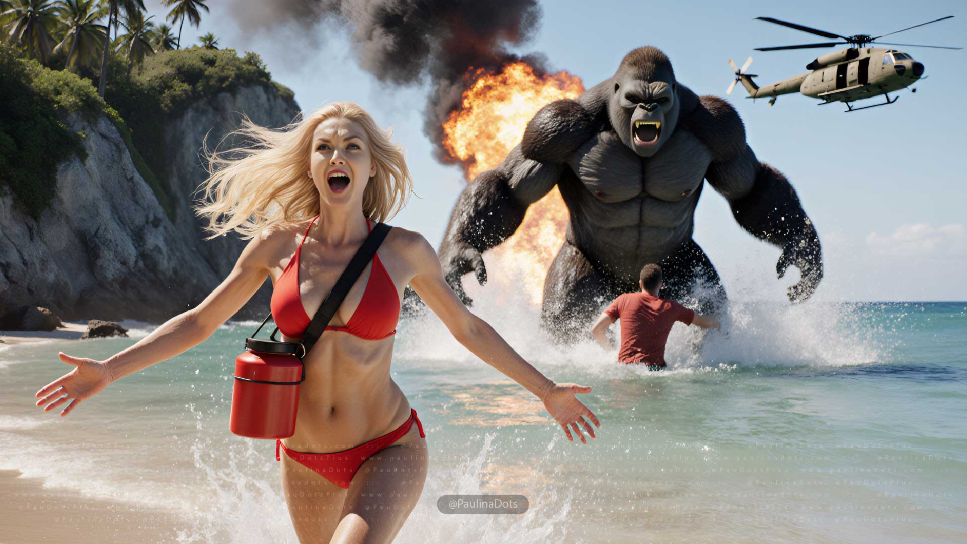 Paulina Dots corriendo por la playa en traje de baño rojo, escapando de un Horangután gigante estilo King Kong — escena del video 'Run Paulina, Run!'